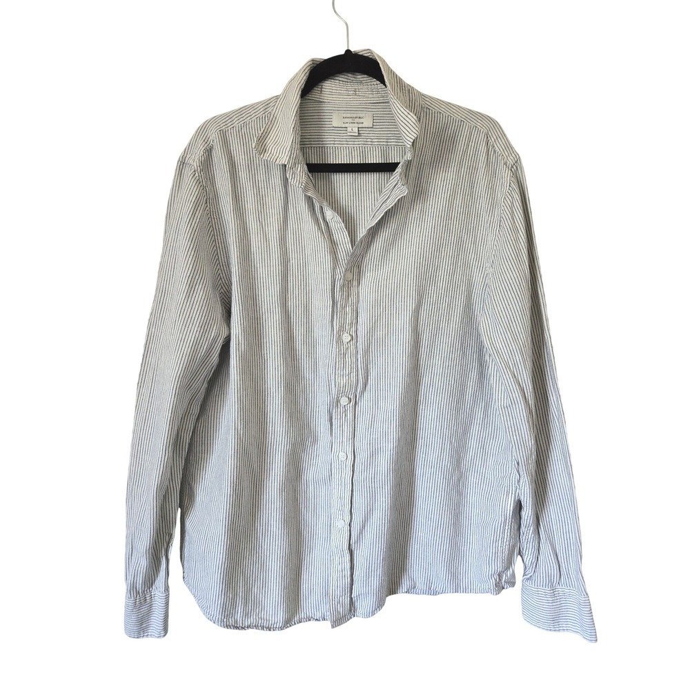 Banana Republic Mens L Slim Linen Blend Striped‎ Long Sleeve Shirt Gray White